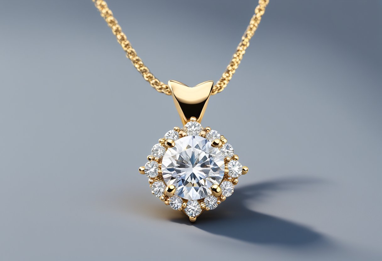 A sparkling custom moissanite pendant displayed on a velvet jewelry stand with a spotlight shining on it