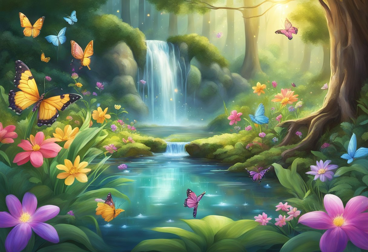 A magical forest glade with colorful flowers and sparkling dew. A small waterfall trickles into a crystal-clear pond, surrounded by fluttering butterflies and mischievous fairies dancing in the sunlight