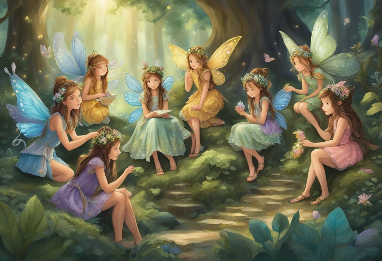 A group of fairies gather in a magical forest, each adorned with unique attire and accessories, as they exchange names and stories from their rich history