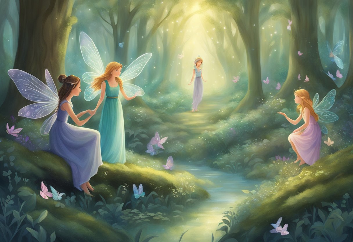 A group of fairies gather in a magical forest, each with their own unique name floating above them in shimmering, ethereal letters