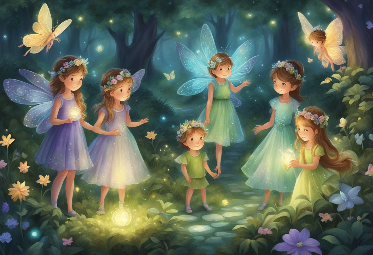 A group of fairies gather in a magical forest, each with unique features and attire. They are engaged in a naming ceremony, surrounded by sparkling flowers and glowing butterflies