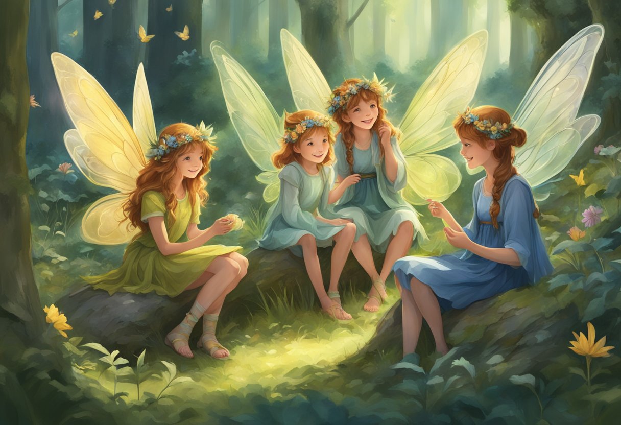 A group of fairies gather in a magical forest glade, each with unique wings and attire, chatting and laughing together