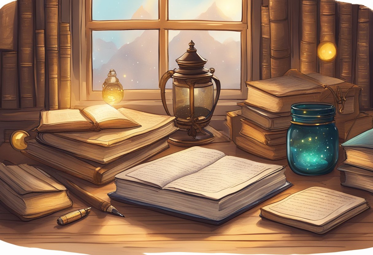 A cozy, cluttered desk with a stack of old books, a quill and ink, and a small jar of glittering dust. A window lets in soft, golden light, illuminating a handwritten list of whimsical, enchanting names