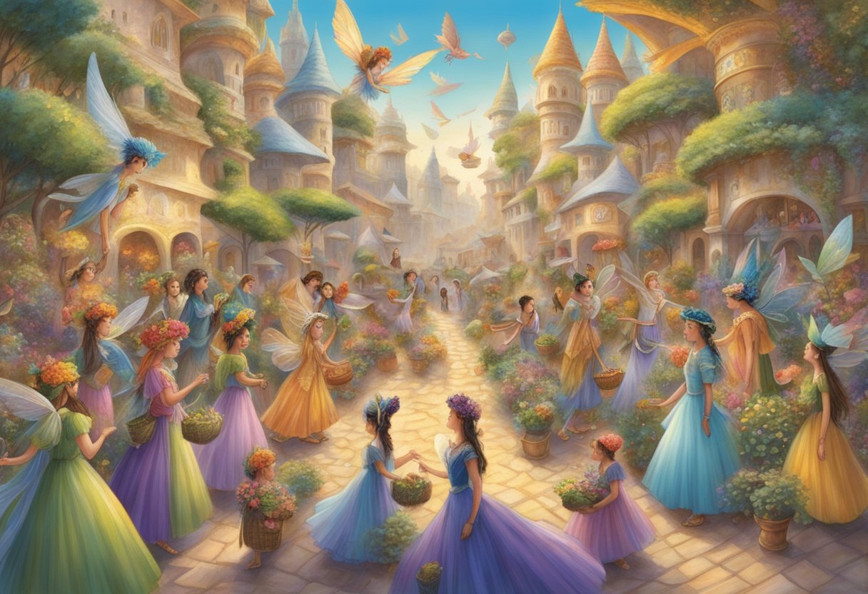 A gathering of fairies from around the world, each with unique attire and features, exchanging their names in a lively, colorful marketplace