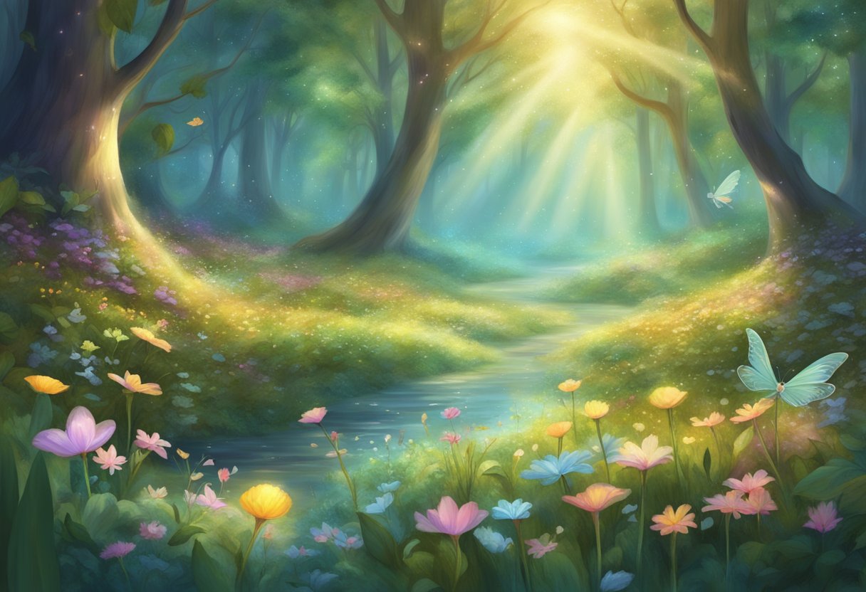 A serene forest glade with shimmering light, where colorful, delicate fairies flit among the flowers and trees, their names whispered on the breeze