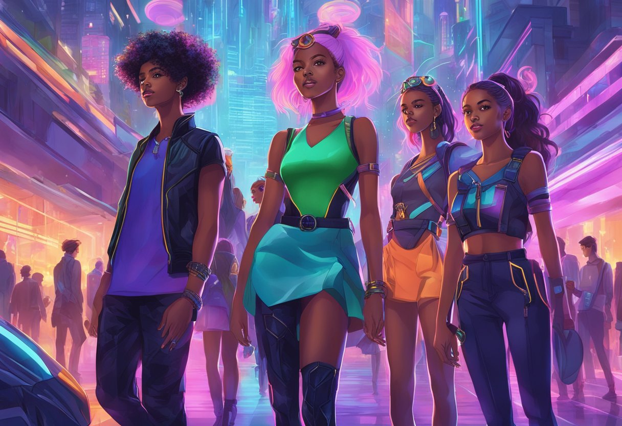 A group of fairies with modern outfits and accessories gather in a vibrant urban setting, surrounded by neon lights and futuristic architecture