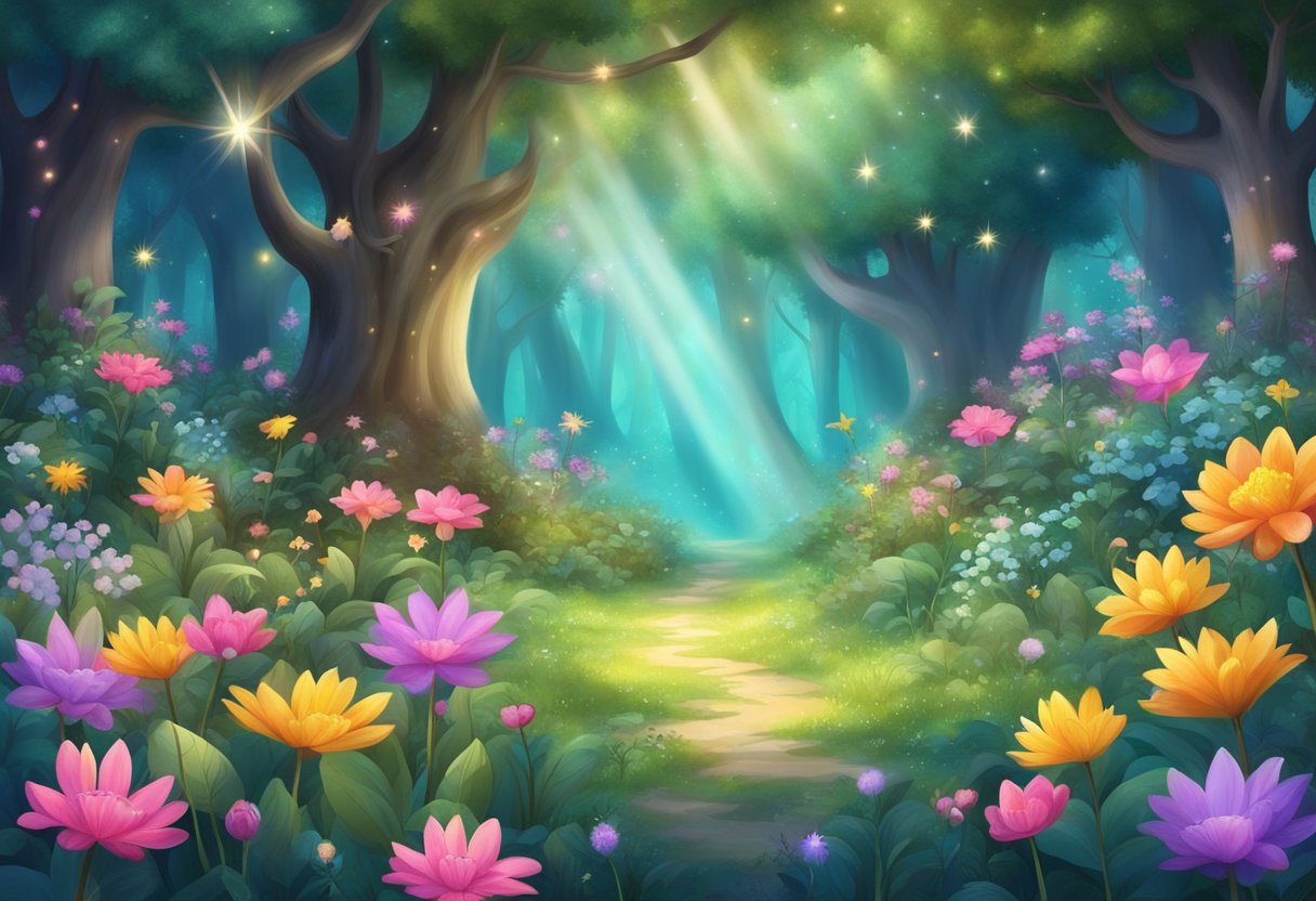 A magical forest glade with colorful flowers and sparkling fairy dust, surrounded by towering trees and inhabited by whimsical creatures