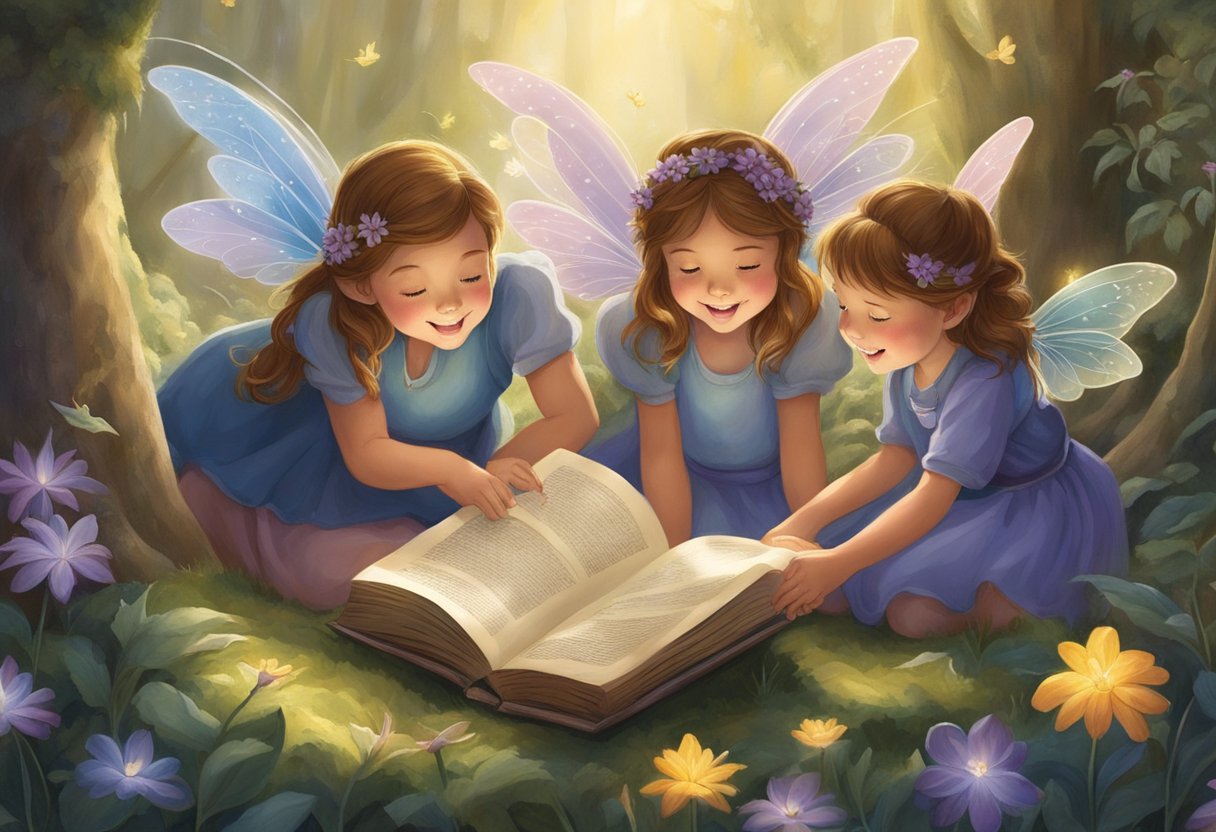 A group of fairies gather around a magical book, pointing and discussing as they search for names. The air is filled with excitement and anticipation