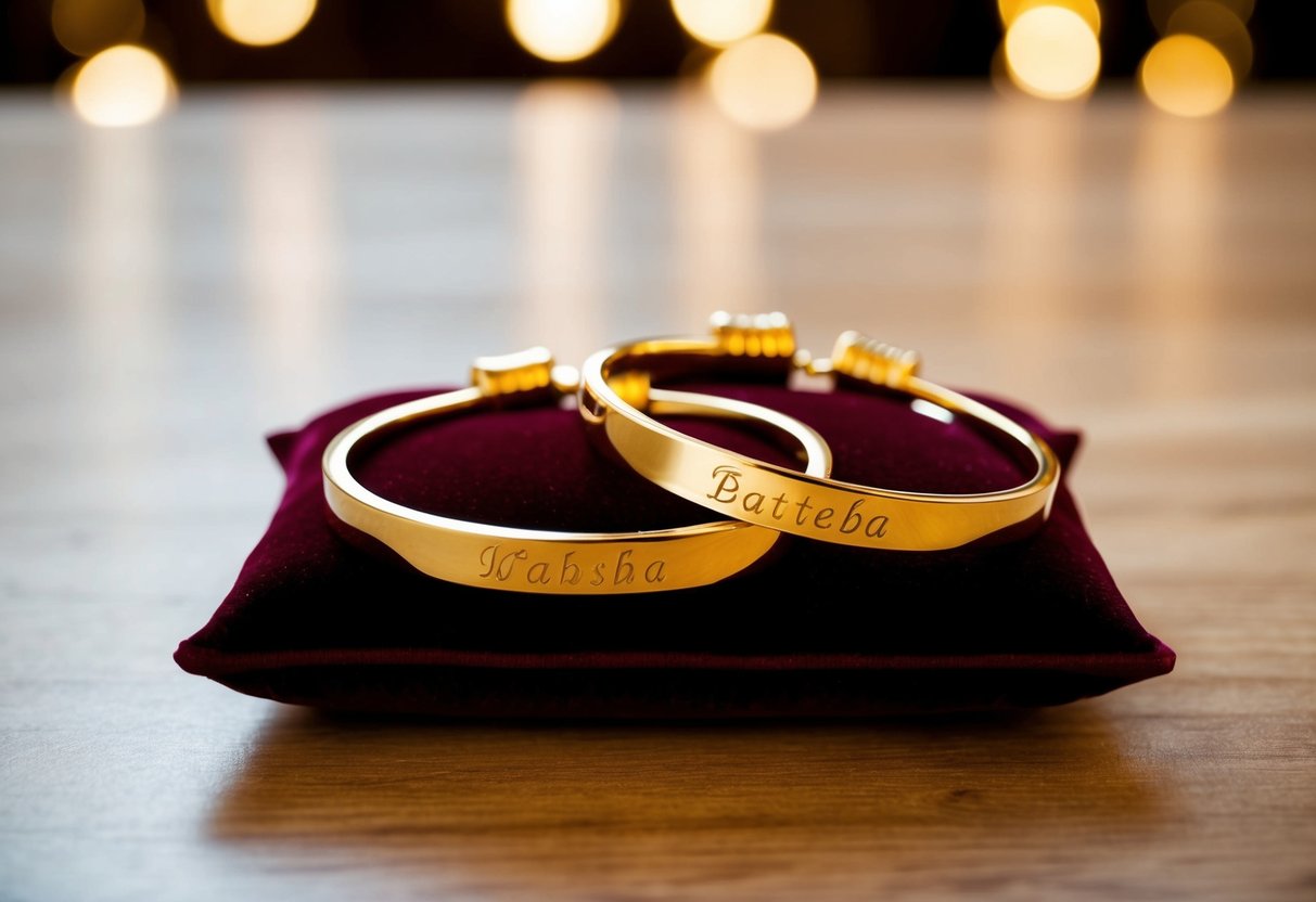 Two personalized gold bracelets resting on a velvet cushion, catching the light and casting a warm glow in a luxurious setting