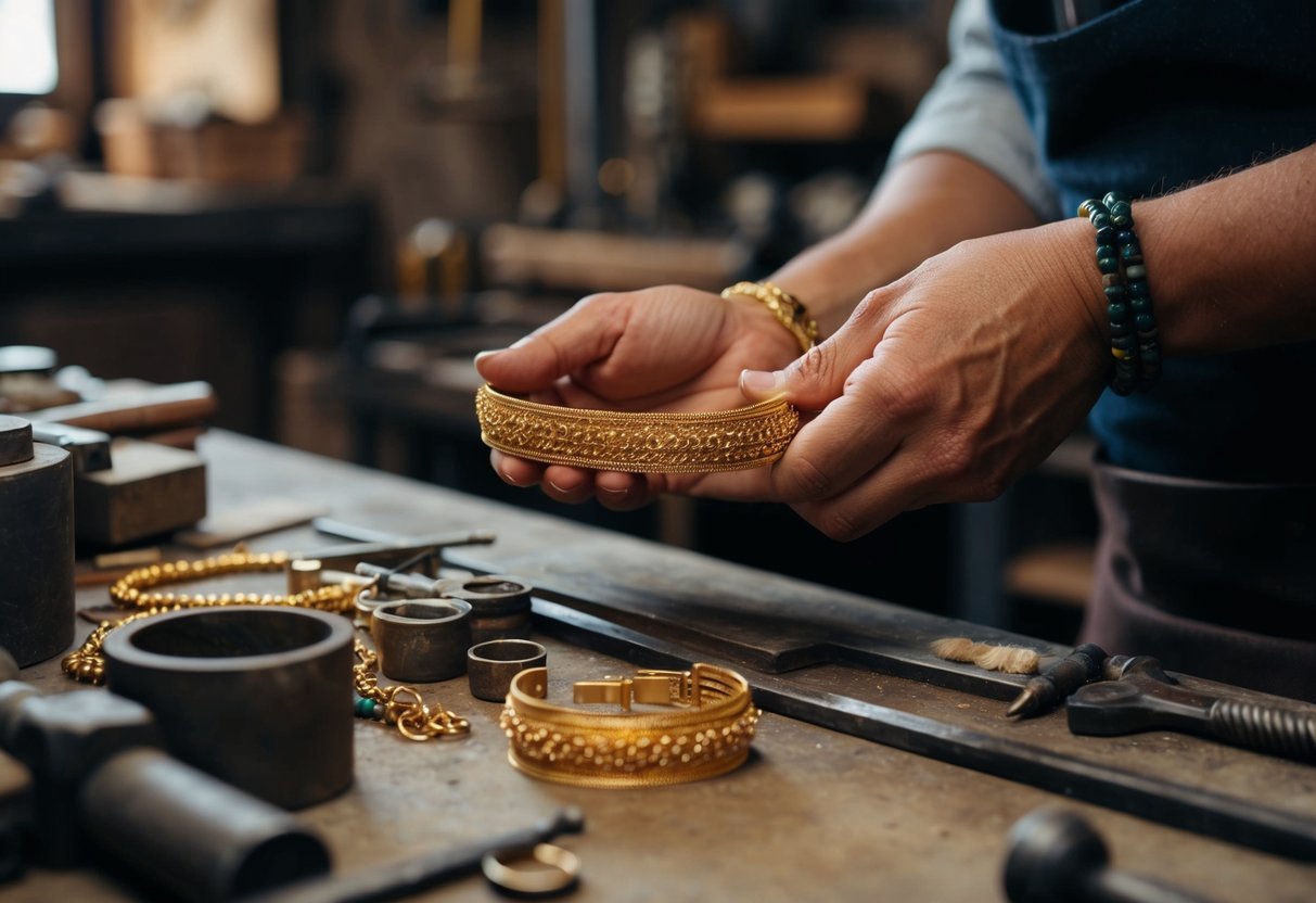 A gold bracelet being crafted by a skilled artisan in a historical workshop, surrounded by tools and materials