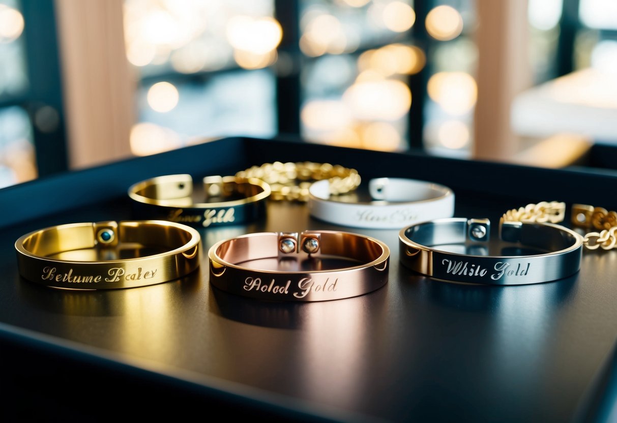 A table displays various gold bracelets - yellow, rose, and white gold. Each bracelet is personalized with unique engravings or designs