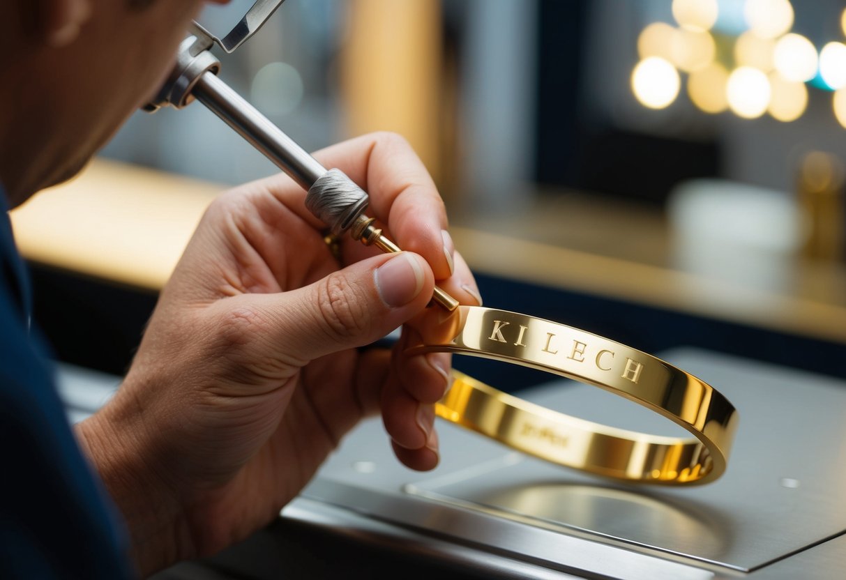 A jeweler engraves initials onto a gold bracelet, using delicate tools and precision. The finished bracelet gleams in the light, showcasing the personalized touch