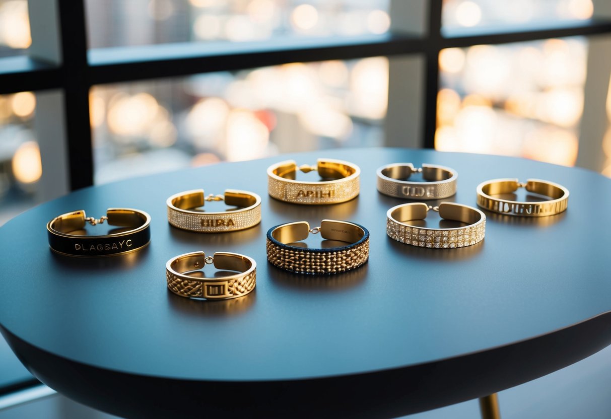 A sleek, modern table showcases a collection of elegant personalized gold bracelets, each uniquely designed with different patterns and styles