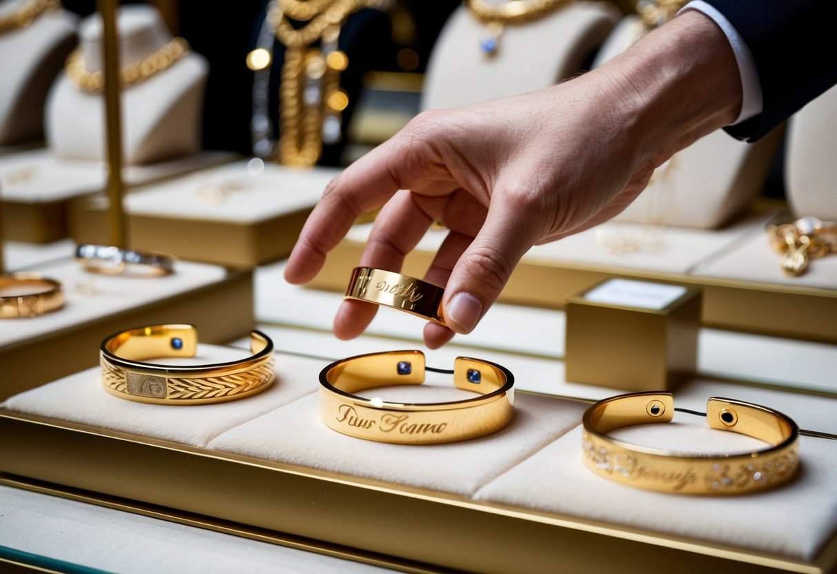 A hand reaches for a display of personalized gold bracelets, each with unique engravings and designs, set against a backdrop of luxurious jewelry