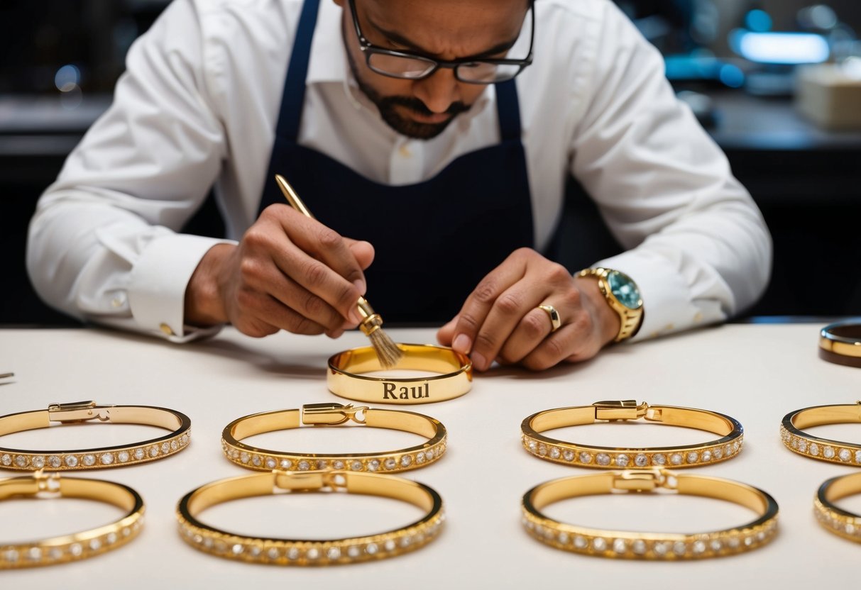 A jeweler meticulously polishing and inspecting a collection of personalized gold bracelets