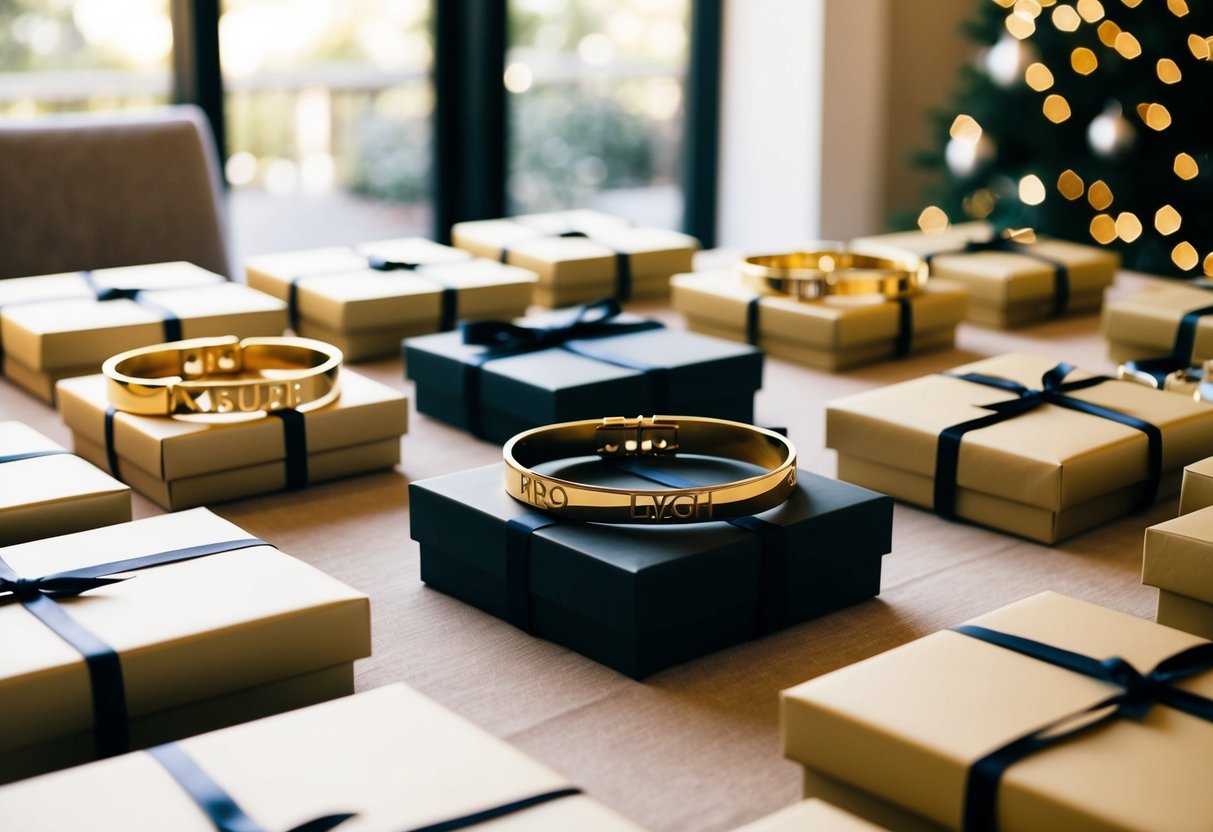 A table adorned with various personalized gold bracelets, wrapped in elegant boxes with ribbons, ready for gift giving occasions