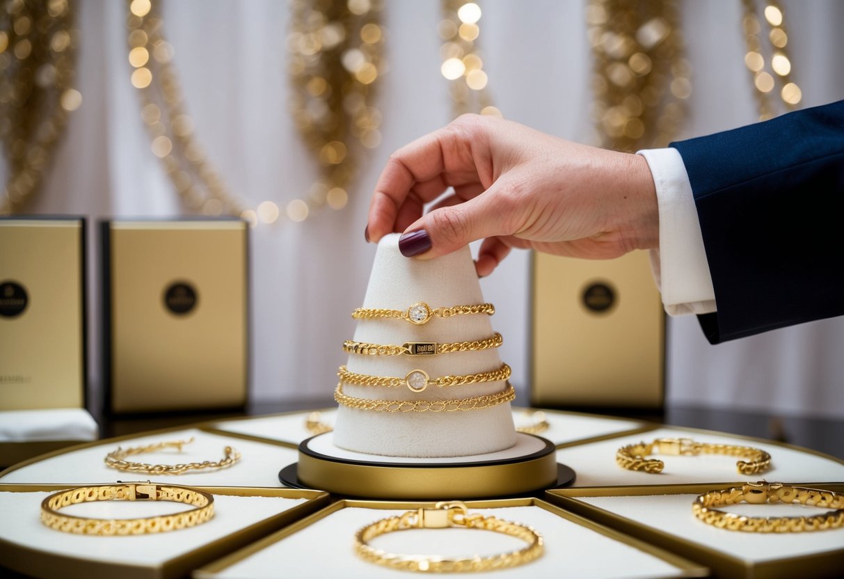 A hand reaching for a display of personalized gold bracelets, surrounded by elegant packaging and a luxurious backdrop