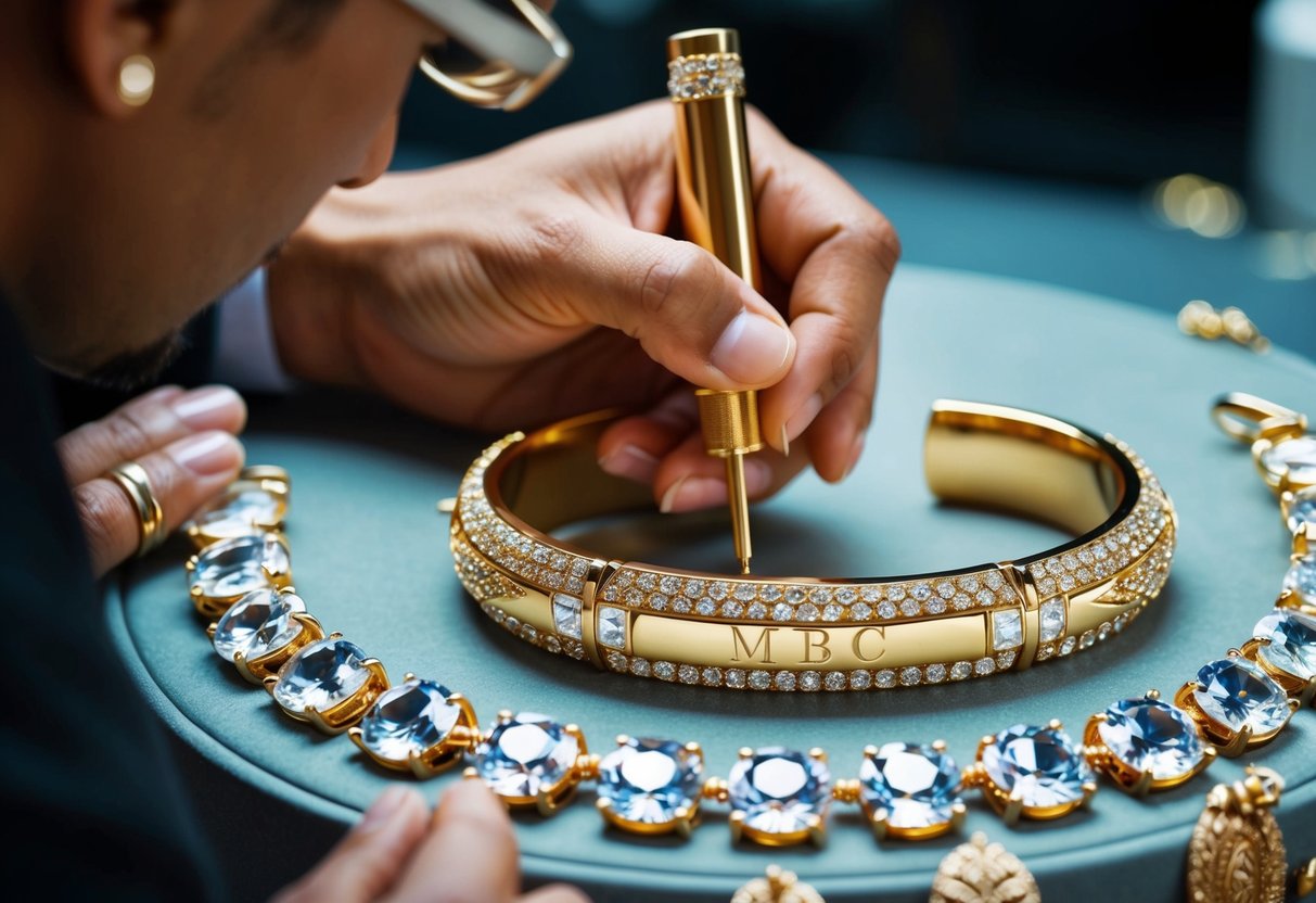 A jeweler carefully engraves initials onto a shimmering gold bracelet, surrounded by an array of sparkling gemstones and intricate designs