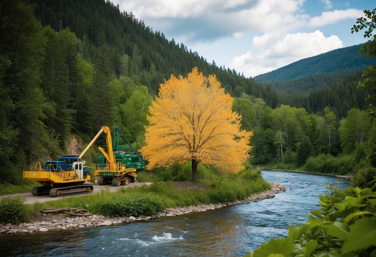 A lush forest with a sparkling river, where a tree with golden leaves stands out. Surrounding wildlife and sustainable mining equipment blend into the scenery