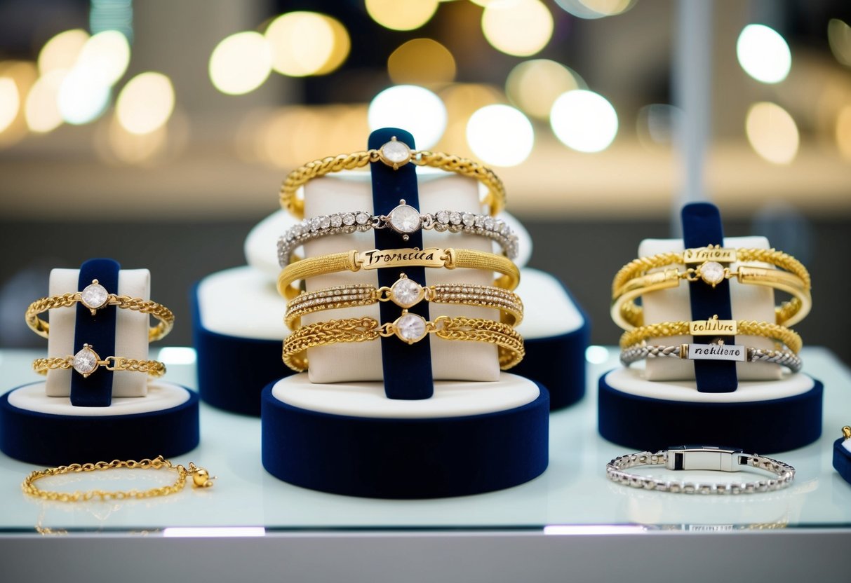 A display of personalized gold bracelets in various designs and sizes, arranged on a sleek and modern jewelry stand