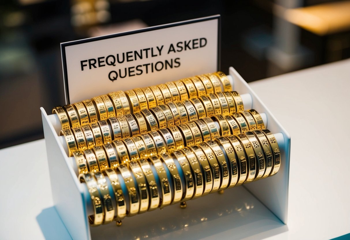 A display of personalized gold bracelets with a sign indicating "Frequently Asked Questions." The bracelets are arranged neatly on a stand, catching the light and showcasing their intricate designs