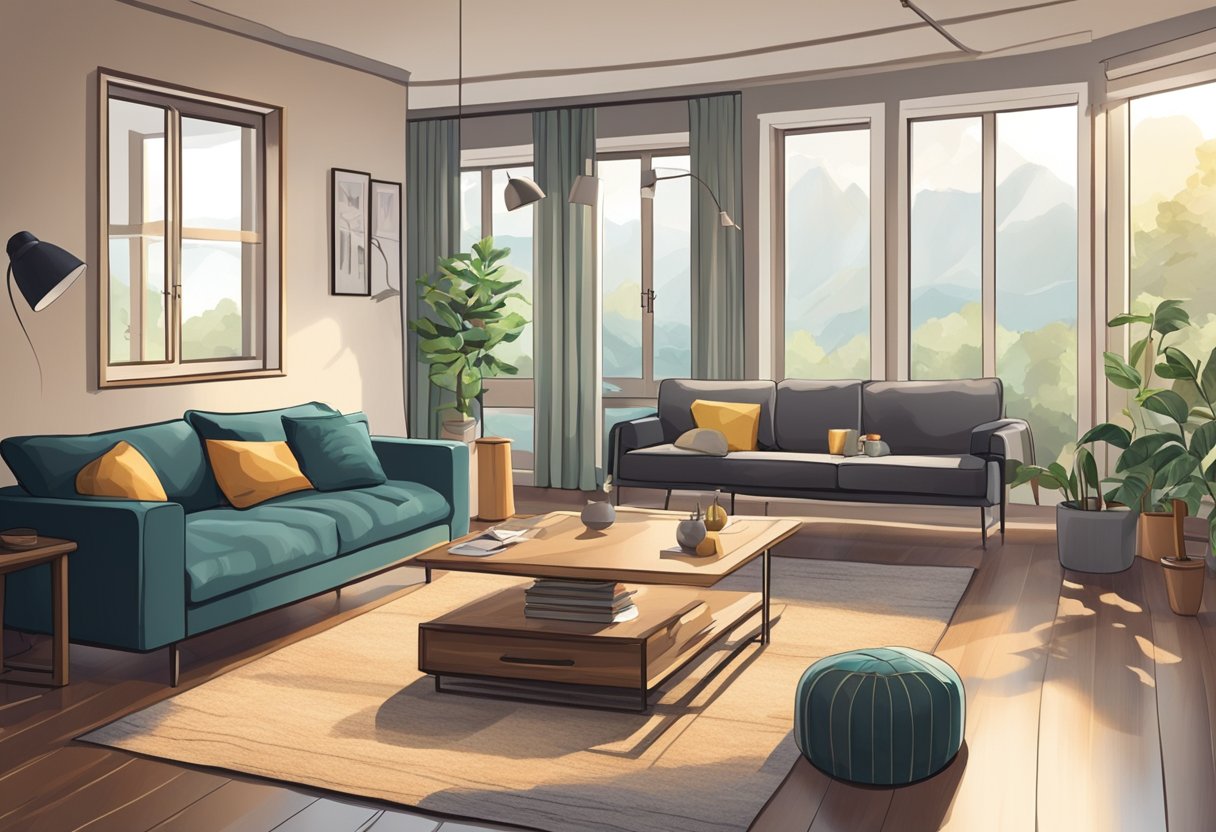 A cozy living room with a clutter-free floor, well-lit with natural light, and equipped with sturdy furniture and handrails for support