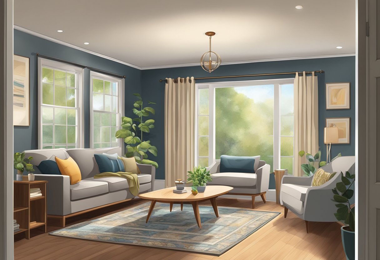 A cozy living room with non-slip rugs, grab bars in the bathroom, and well-lit pathways to prevent falls and ensure safety for aging individuals at home