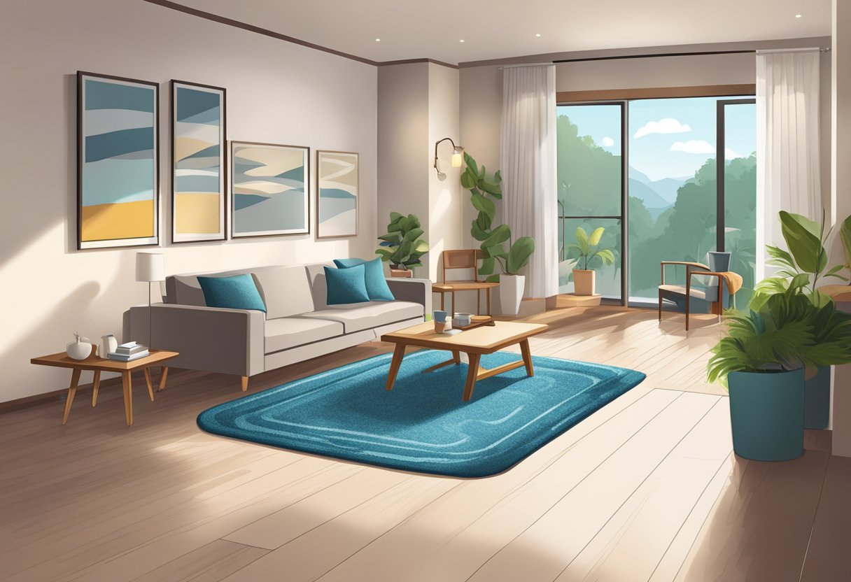 A brightly lit living room with non-slip rugs, grab bars in the bathroom, and well-lit pathways to prevent falls and ensure safety at home