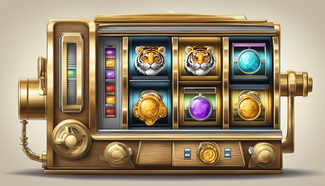 A vintage tiger-themed slot machine with flashing lights and spinning reels