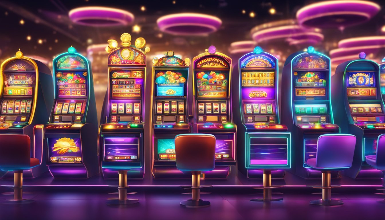 A variety of slot machines are lined up in a casino, flashing lights and colorful graphics creating an exciting atmosphere