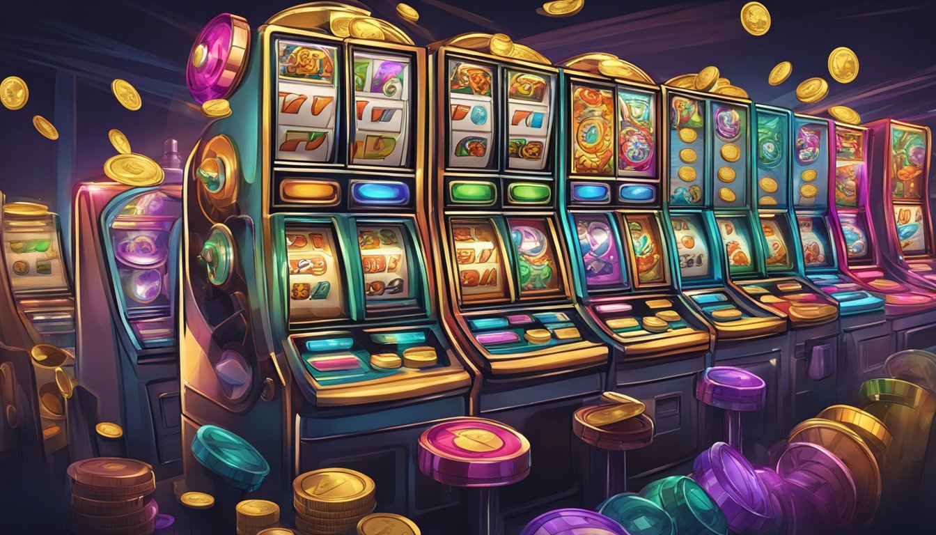 A slot machine with flashing lights and spinning reels, surrounded by eager players feeding in coins and pulling the lever