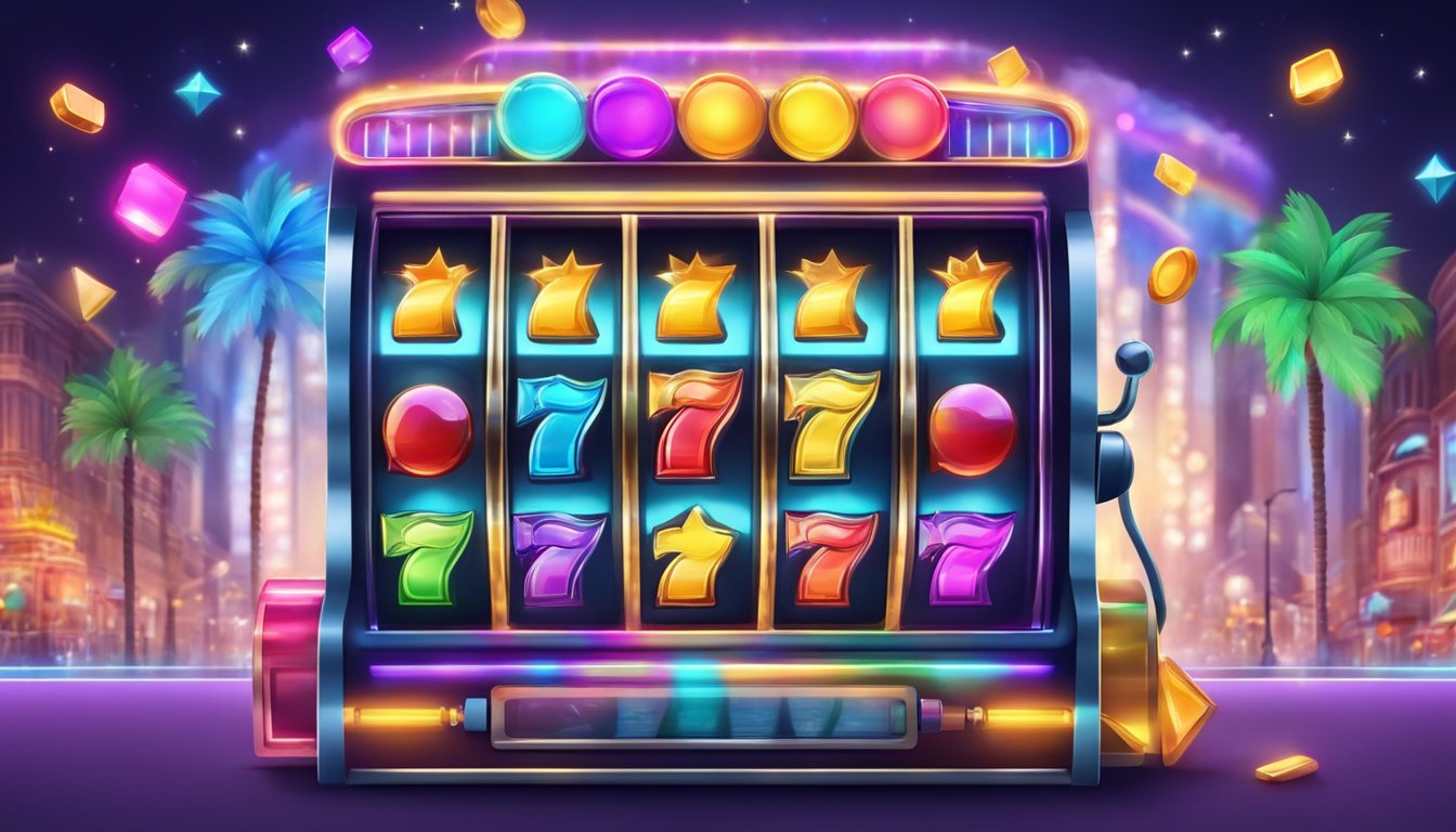 A slot machine with colorful symbols and flashing lights, surrounded by excited players and a festive atmosphere