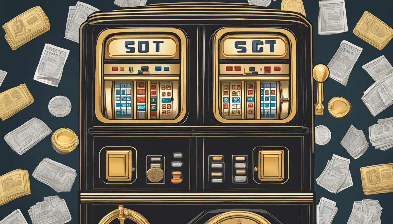 A vintage slot machine surrounded by legal documents and regulatory signs