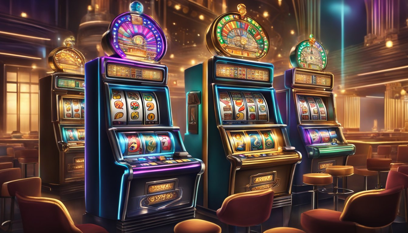 A vintage slot machine stands as the centerpiece of a bustling casino, surrounded by flashing lights and eager gamblers