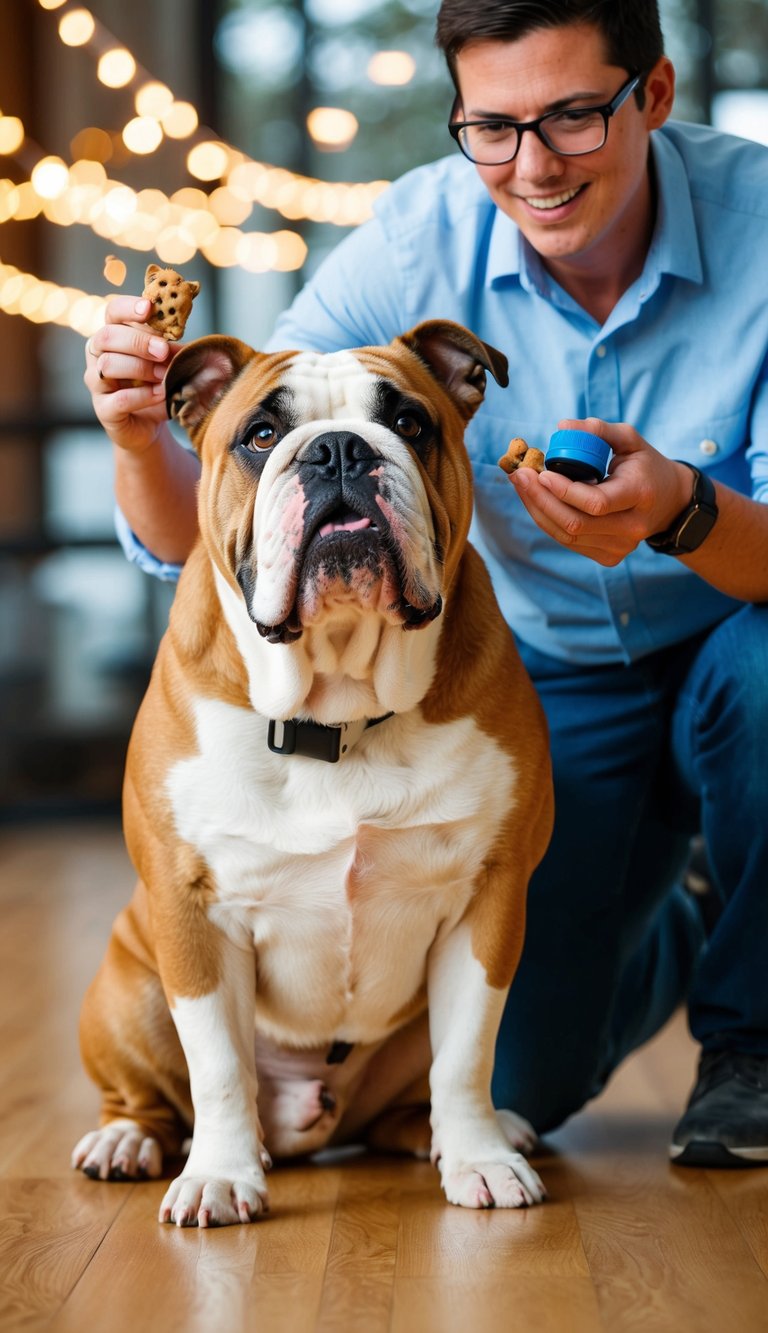 A bulldog sits attentively as its owner uses treats to reward good behavior during a training session. The owner holds a clicker and a treat pouch, while the bulldog looks up eagerly