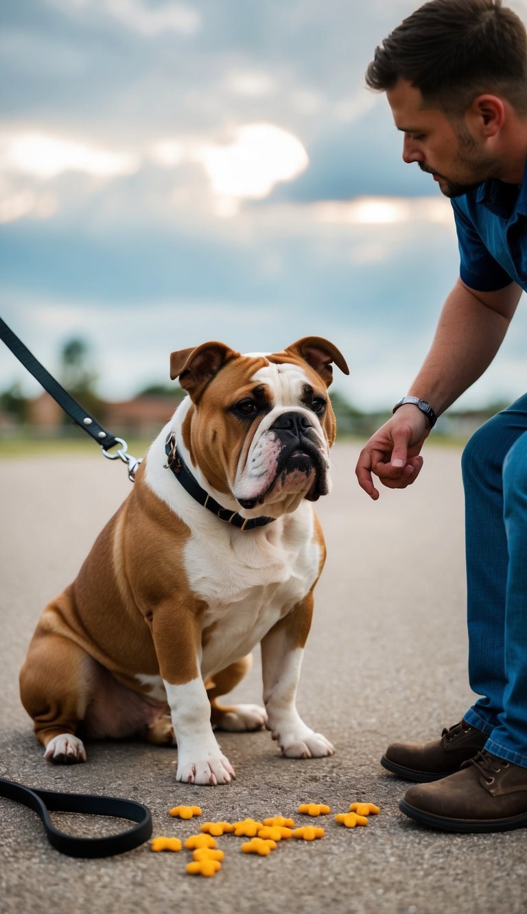 A bulldog sits attentively, ears perked, as a person gives commands. A leash lies nearby, and training treats are scattered on the ground