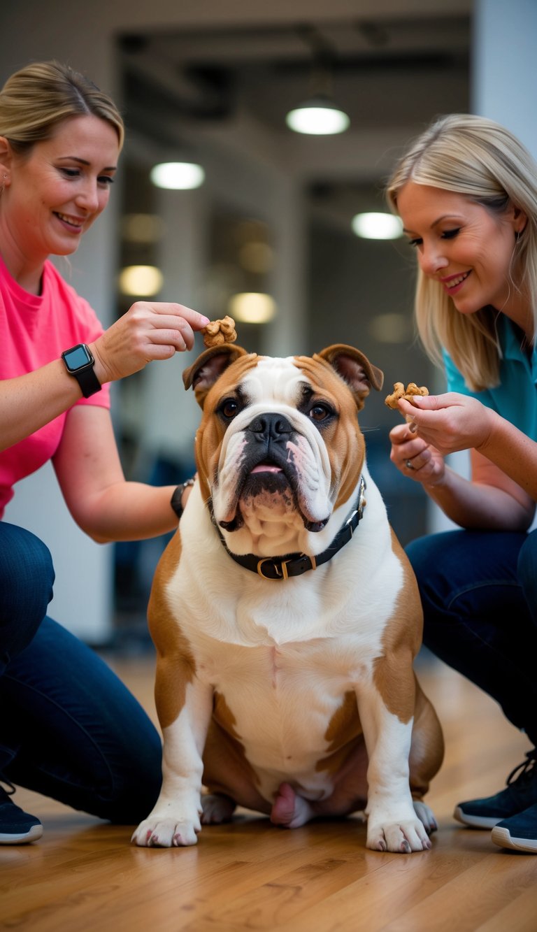 A bulldog sits attentively during a short training session, focused on its owner's commands. The trainer rewards the dog with treats for good behavior