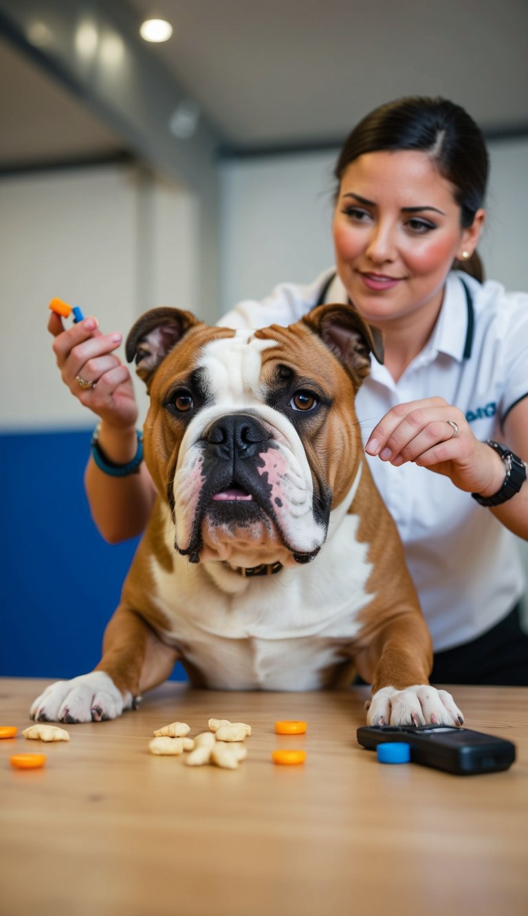 A bulldog sits attentively in front of a trainer, following commands with focused eyes. Training treats and a clicker are visible on the table nearby