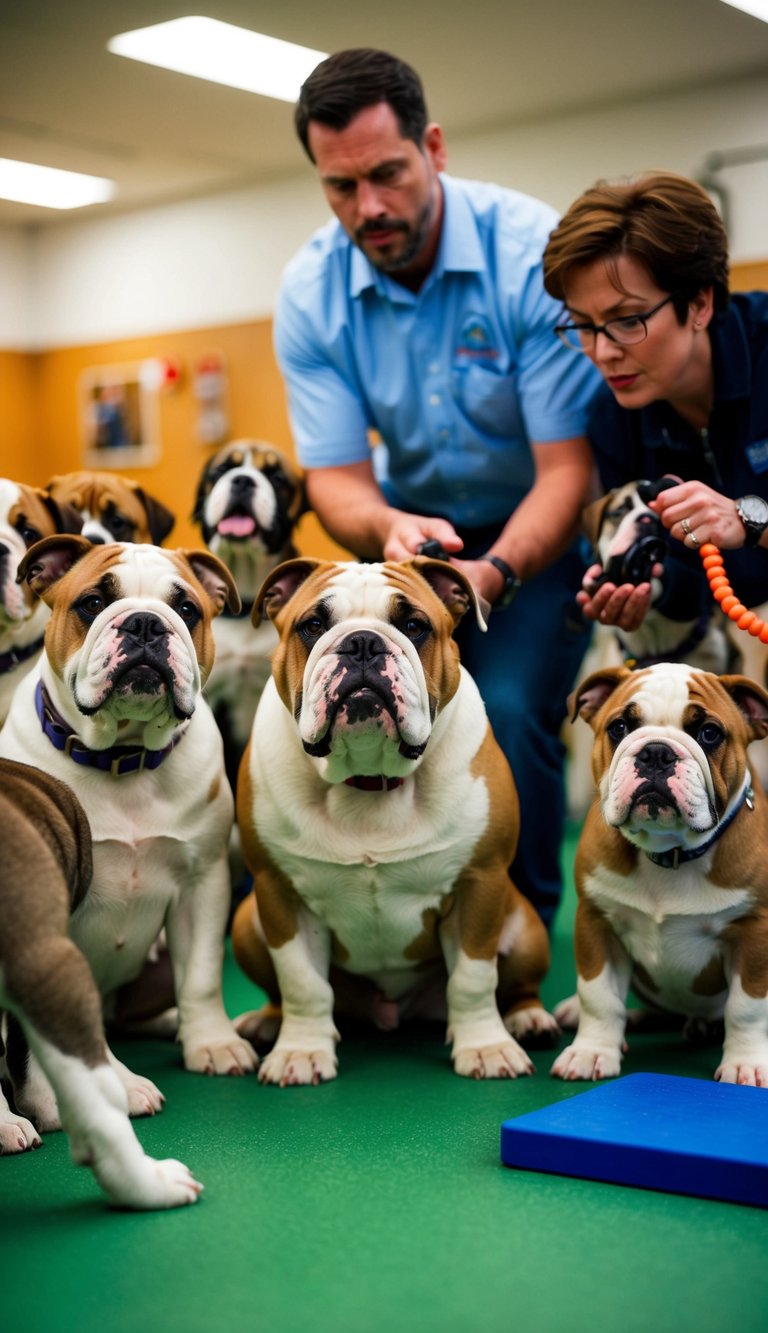 A bulldog sits attentively in a puppy training class, surrounded by other eager pups. The instructor demonstrates various training techniques as the class looks on with curiosity