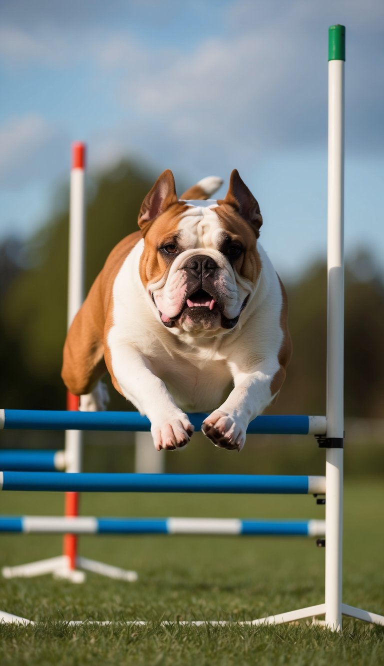 A bulldog confidently navigates through an agility course, leaping over hurdles and weaving through poles. Its focused expression and determined stance showcase its agility training