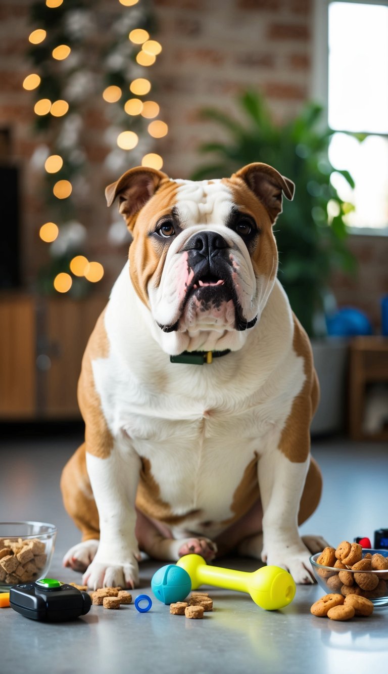 A bulldog sitting attentively, surrounded by various training props such as treats, toys, and a clicker. The bulldog's body language exudes eagerness and focus