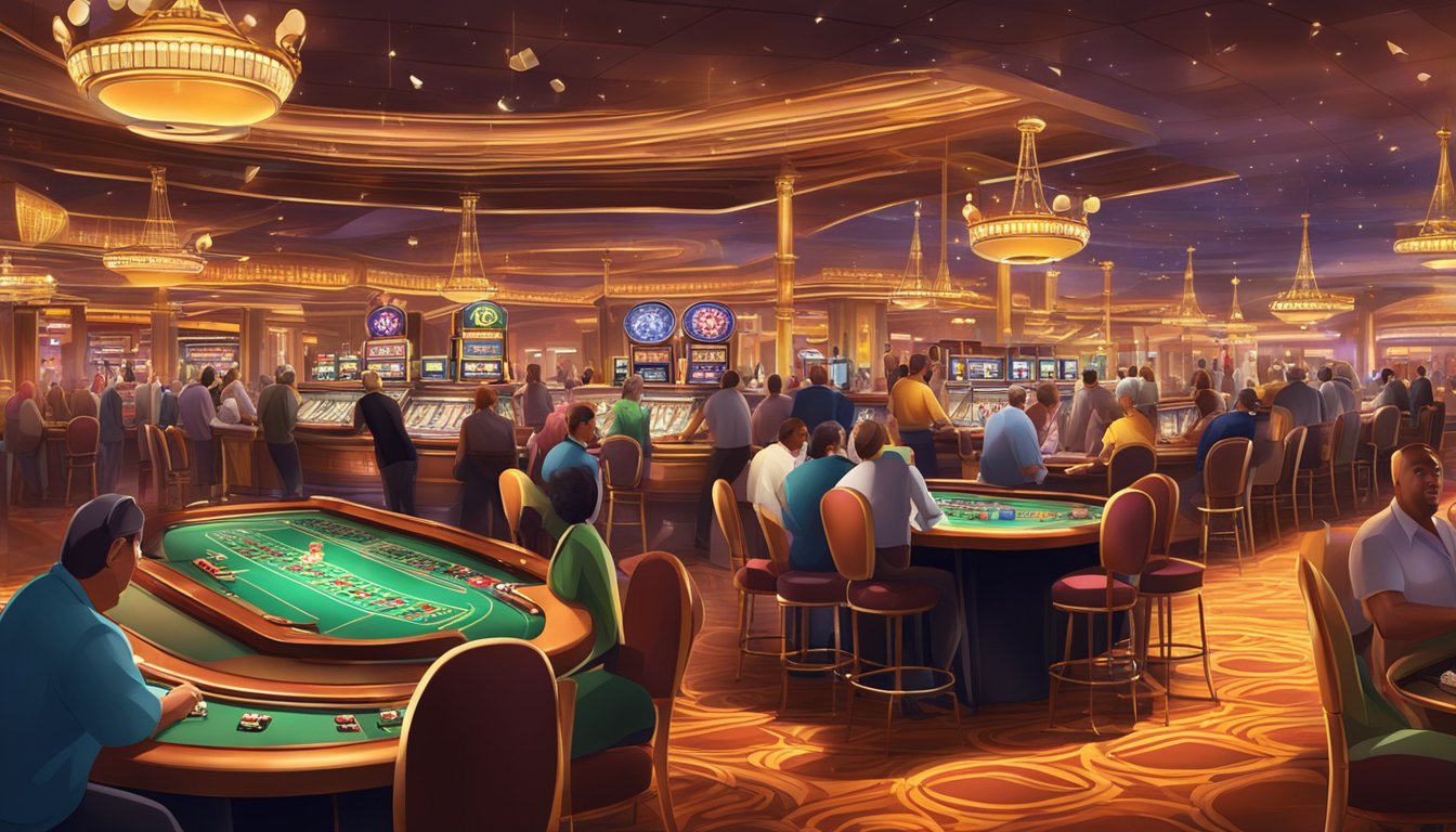 A bustling casino with flashing lights, slot machines, card tables, and a lively atmosphere