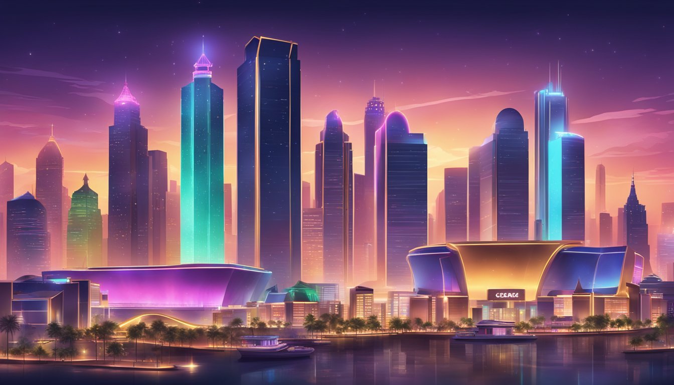 A vibrant casino city skyline with glowing lights and sleek, modern buildings, surrounded by a bustling cityscape