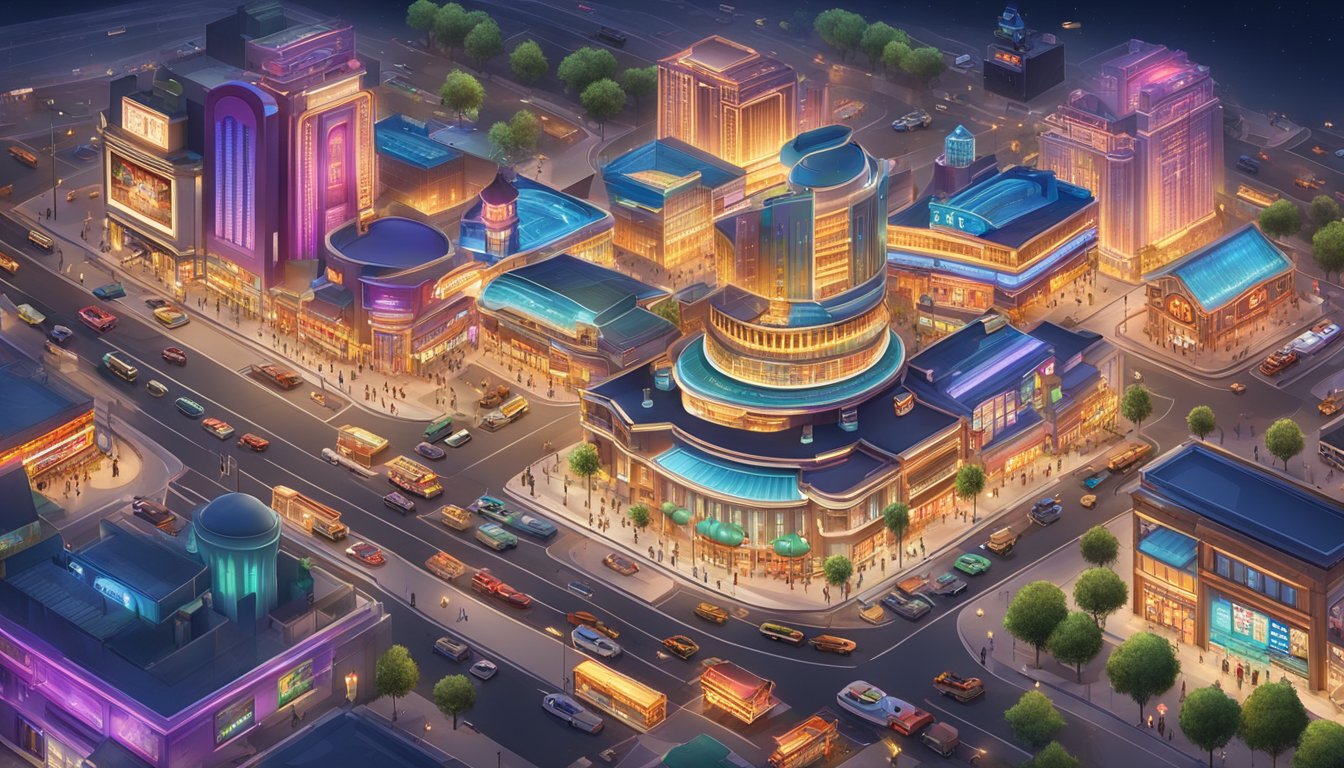 A bustling entertainment city with bright lights, busy streets, and vibrant casinos, surrounded by local businesses optimized for SEO