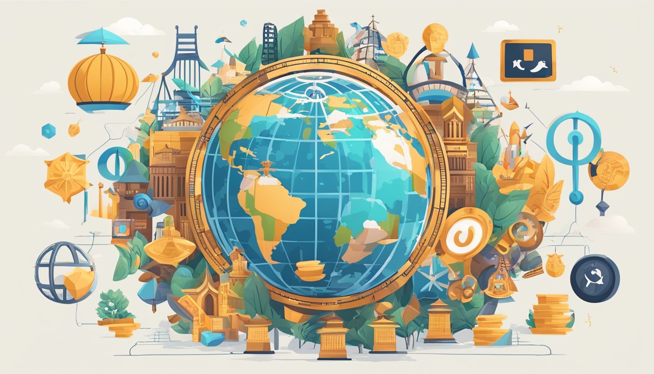 A globe surrounded by various cultural symbols, with SEO and casino icons intertwined, representing multilingual and cross-cultural SEO strategy for entertainment industry