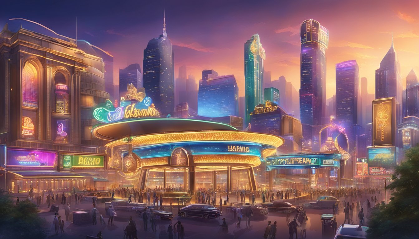 A bustling casino with bright lights and colorful decorations, surrounded by a busy cityscape with skyscrapers in the background