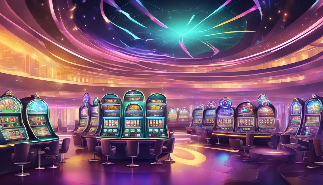 A futuristic casino with advanced technology and vibrant SEO strategies