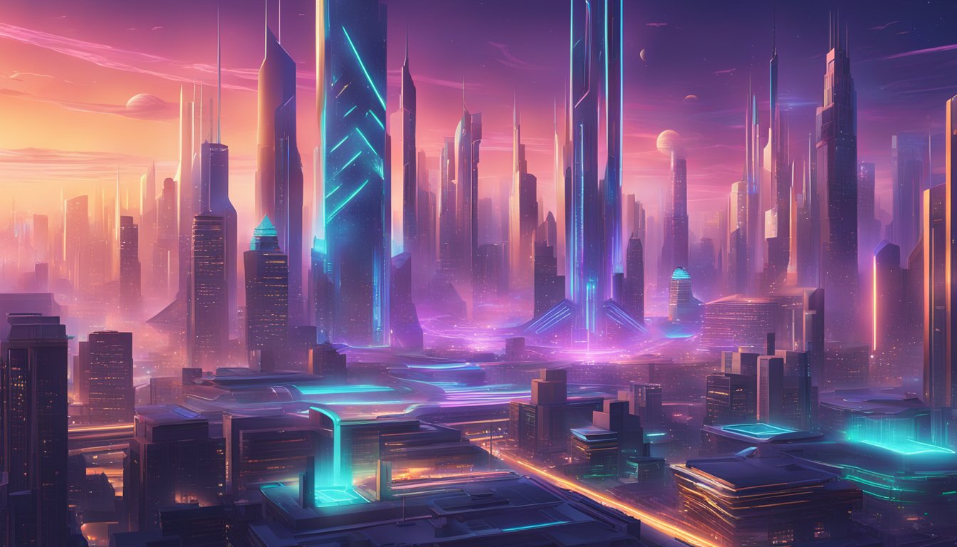 A futuristic cityscape with sleek, towering buildings and neon lights. The hub is the focal point, emitting a pulsing, otherworldly glow