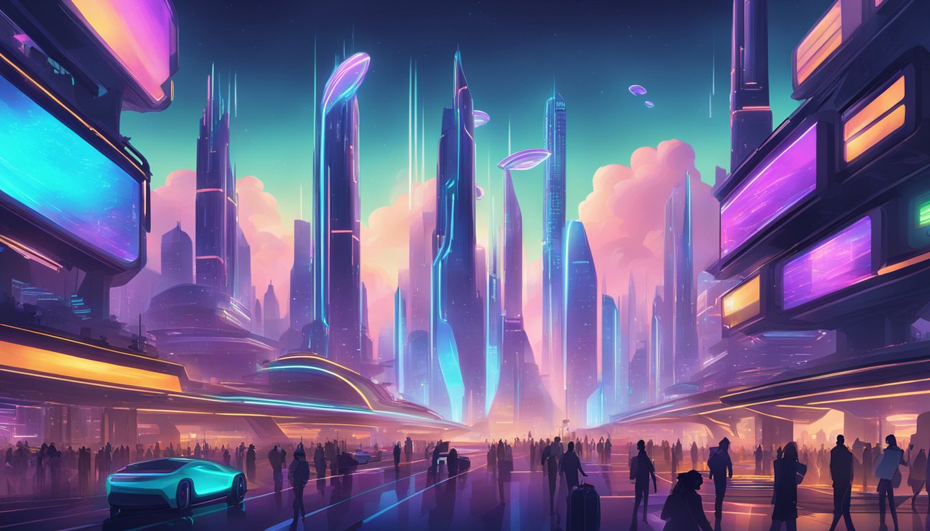 A futuristic cityscape with neon lights and sleek, towering buildings. A bustling marketplace with holographic displays and flying vehicles