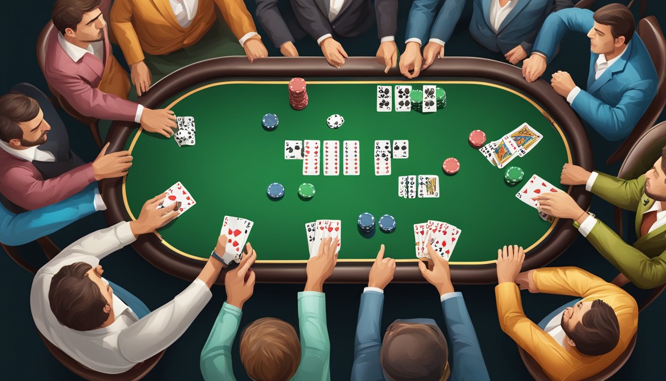 A poker table with cards and chips, surrounded by intense players